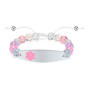 13mm Women's Medical Alert Bracelet, Pink Beads Chain with Steel ID Cuff Bangle