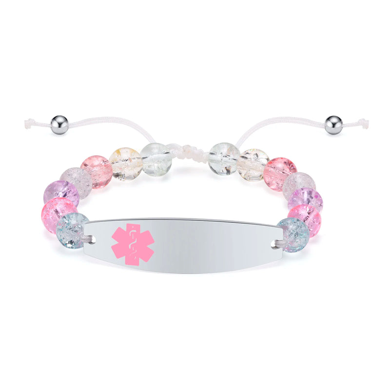 13mm Women's Medical Alert Bracelet, Pink Beads Chain with Steel ID Cuff Bangle