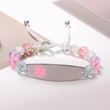13mm Women's Medical Alert Bracelet, Pink Beads Chain with Steel ID Cuff Bangle