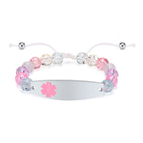 13mm Women's Medical Alert Bracelet, Pink Beads Chain with Steel ID Cuff Bangle
