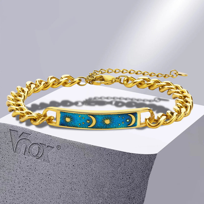 Sun Moon Bracelets for Women, Stainless Steel Cuban Chain Wristband