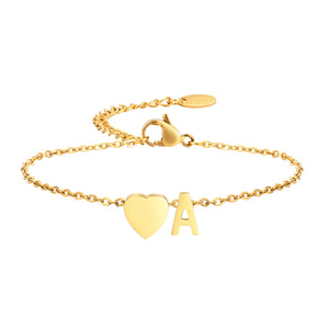 Heart Initial Bracelet for Girls, Cable Chain Wristband with Letter C