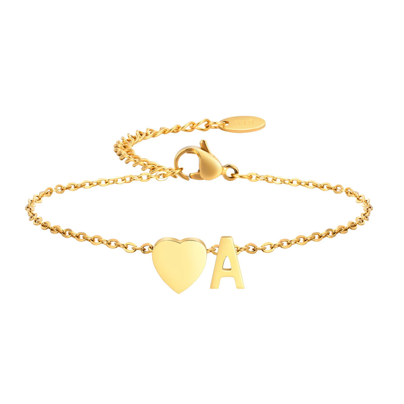 Heart Initial Bracelet for Girls, Cable Chain Wristband with Letter C