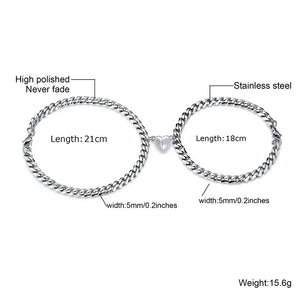 2Pcs Heart Charm Couple Bracelets,Steel Chain,Valentines Lover Gift