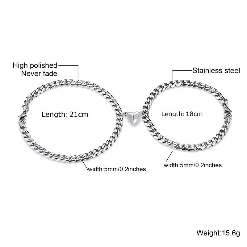 2Pcs Heart Charm Couple Bracelets,Steel Chain,Valentines Lover Gift
