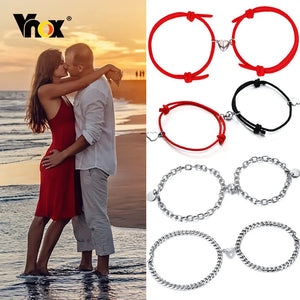 2Pcs Heart Charm Couple Bracelets,Steel Chain,Valentines Lover Gift