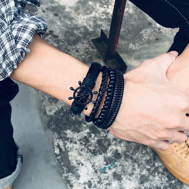 4Pcs/Set Braided Leather Bracelets Men Vintage Life Tree Rudder Wood Beads