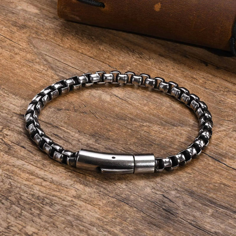 6mm Box Chain Bracelet for Men, Stainless Steel Wristband