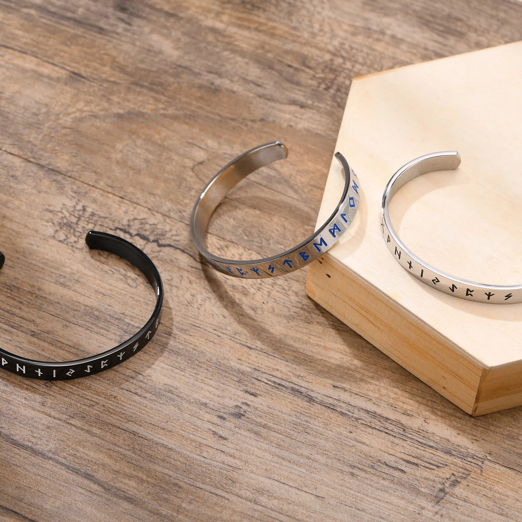 8mm Viking Bracelets for Men, Nordic Rune Letter Amulet Cuff Bangle
