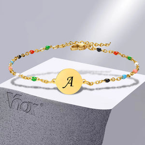 A-Z Initial Bracelets for Women, Stainless Steel Round Coin Charm Bracelet