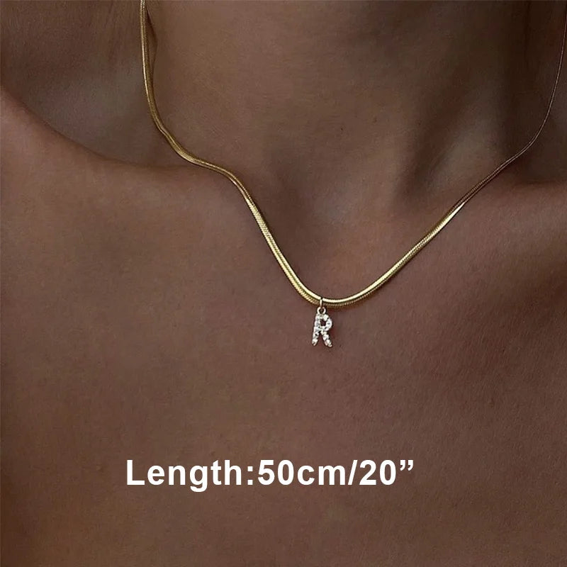 Initial Letter Charm Pendant Snake Herringbone Necklace Women Bling Layers