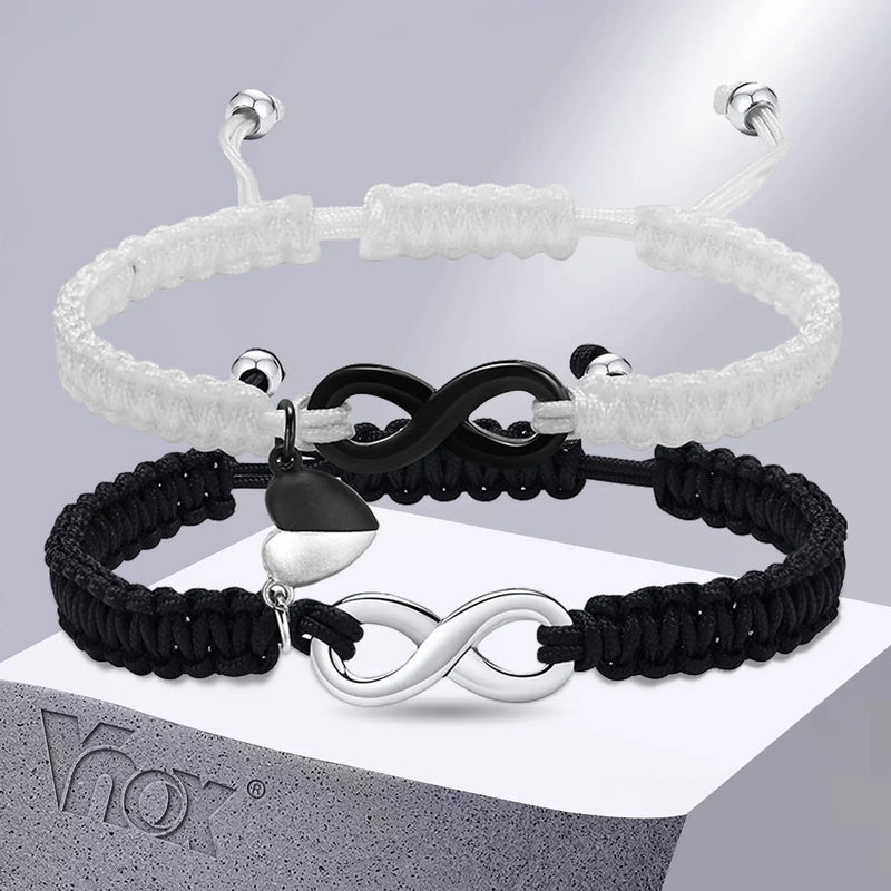 Heart Charm Couple Bracelets - Braided Rope Chain with Infinity Charm