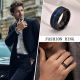 8mm Tungsten Carbide Wedding Band Rings for Men, Blue Line Grooved Center