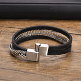 PU Leather Bangle for Men, Stainless Steel Chain Bracelet