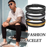PU Leather Bangle for Men, Stainless Steel Chain Bracelet