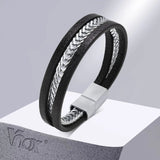 PU Leather Bangle for Men, Stainless Steel Chain Bracelet