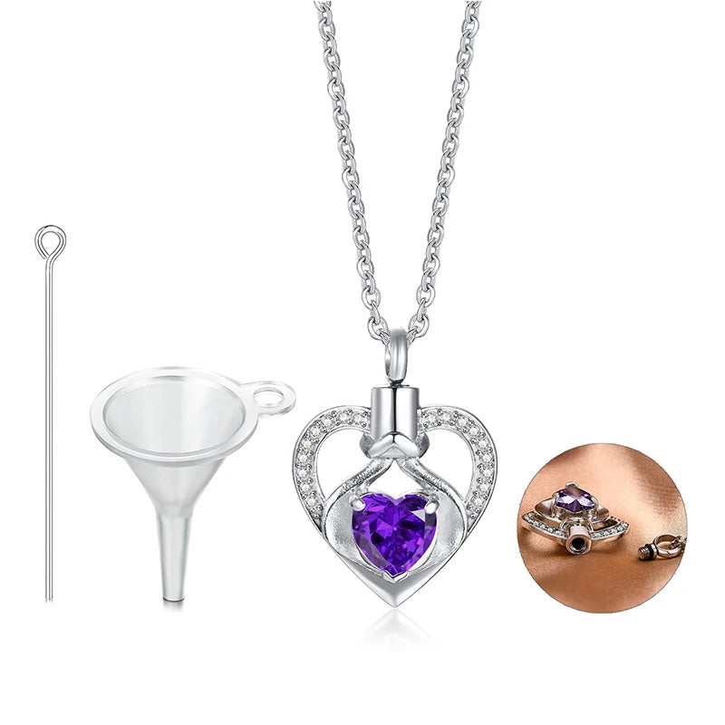 CZ Heart Urn Necklace, Stainless Steel Cremation Jewelry