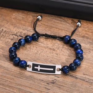 Tiger Eye Stone Bracelet for Men with Cross Bangle