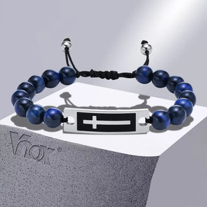 Tiger Eye Stone Bracelet for Men with Cross Bangle