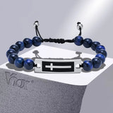 Tiger Eye Stone Bracelet for Men with Cross Bangle