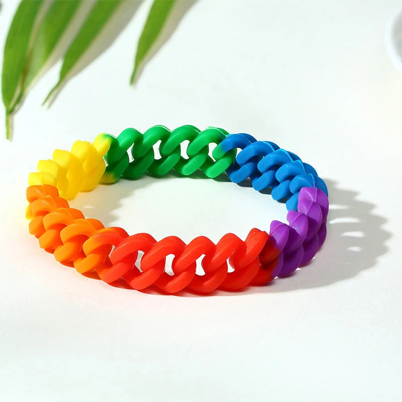 Rainbow Silicone Bracelets for Men Women with Elastic Rubber Wristband
