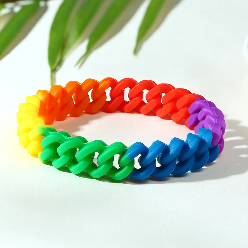 Rainbow Silicone Bracelets for Men Women with Elastic Rubber Wristband