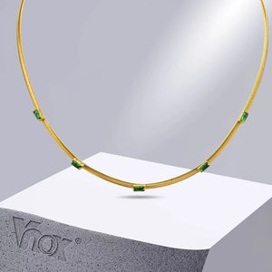 Stainless Steel Flat Snake Chain Bracelet with Green Stones