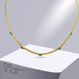 Stainless Steel Flat Snake Chain Bracelet with Green Stones