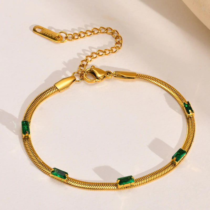 Stainless Steel Flat Snake Chain Bracelet with Green Stones