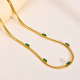 Stainless Steel Flat Snake Chain Bracelet with Green Stones