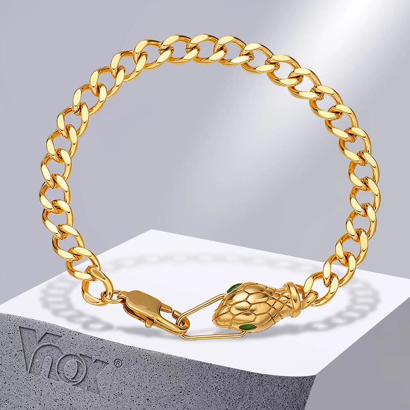 Snake Head Charm Bracelet for Women, Stainless Steel Cuban Chain Jewelry