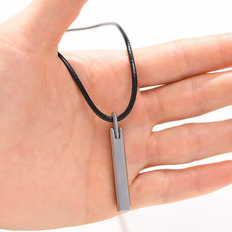 Men's Tungsten Carbide Rectangle Pendant Necklace, Black Rope Chain