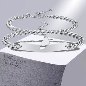 Couples Stainless Steel Cuban Chain Bracelet with Heart Charm - Love Gift