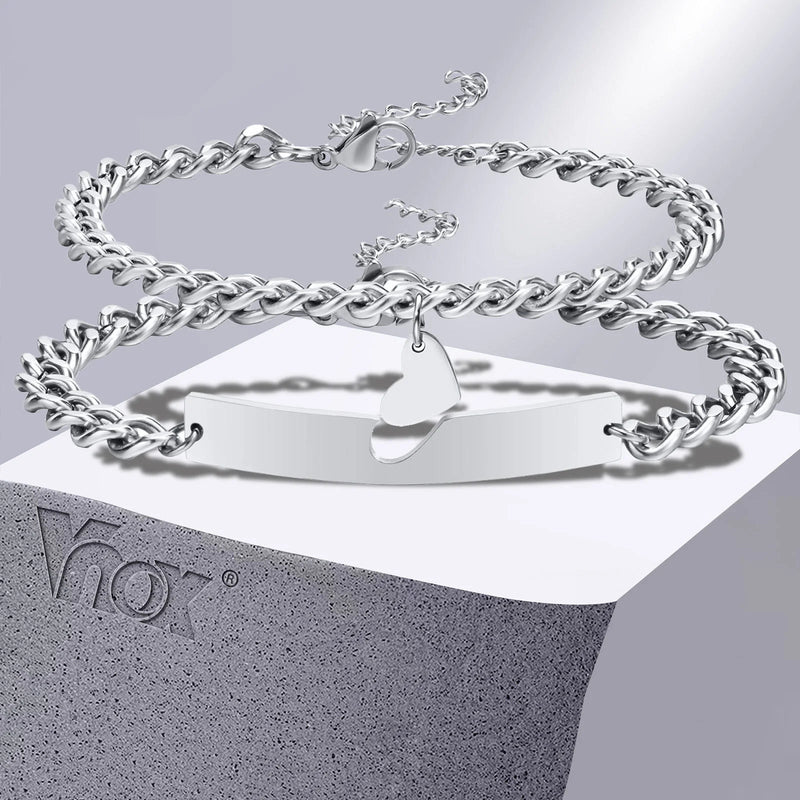Couples Stainless Steel Cuban Chain Bracelet with Heart Charm - Love Gift