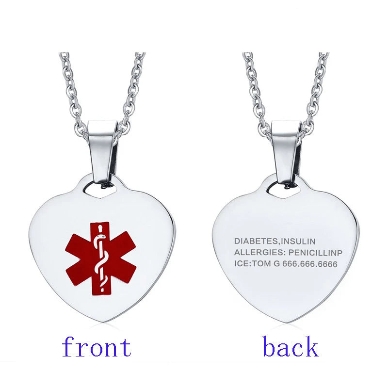 Heart Shape Medical Alert Pendant Necklace Women 20 Chain
