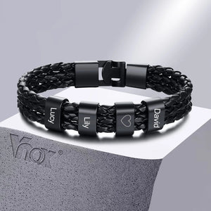 Family Names Bracelet for Men, Name Bead Leather Bangle, Love Gift