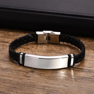 Men's Leather Bracelet with Engraved Stainless Steel Bar