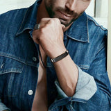 Men's Leather Bracelet with Engraved Stainless Steel Bar