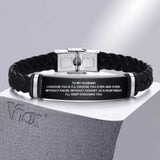 Men's Leather Bracelet with Engraved Stainless Steel Bar
