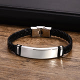 Men's Leather Bracelet with Engraved Stainless Steel Bar