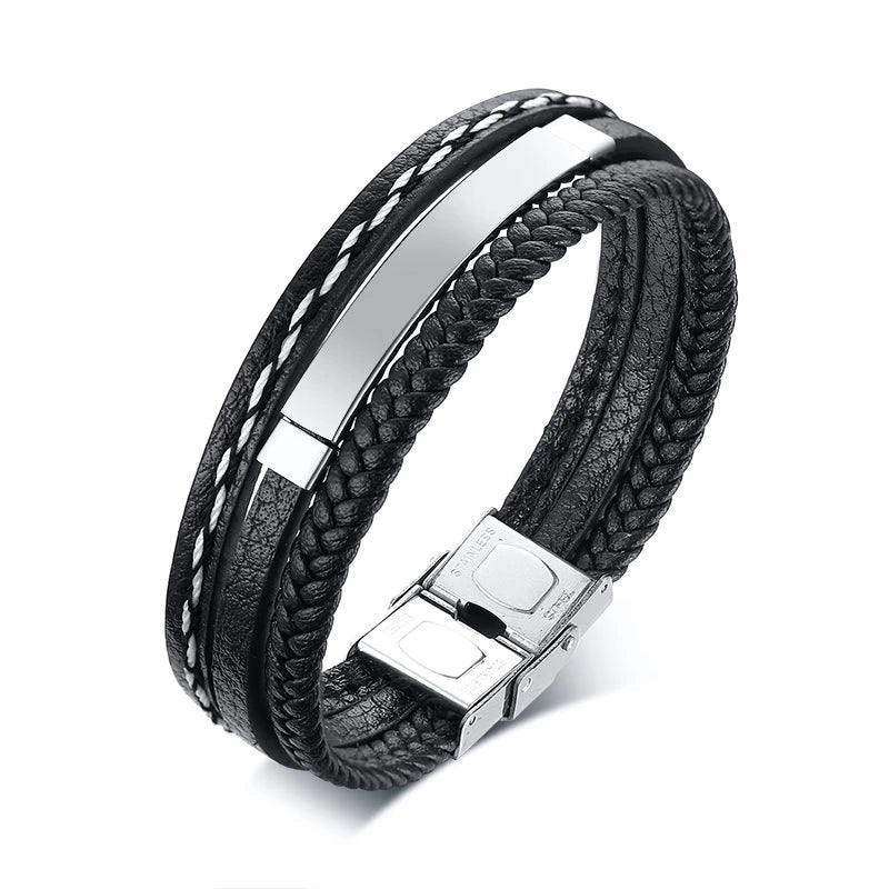 Personalized Engrave Leather Bracelet with ID Bangle