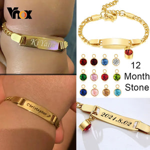 Personalized Newborn Baby Bracelet with Birthstone Charm, Stainless Steel Bangle
