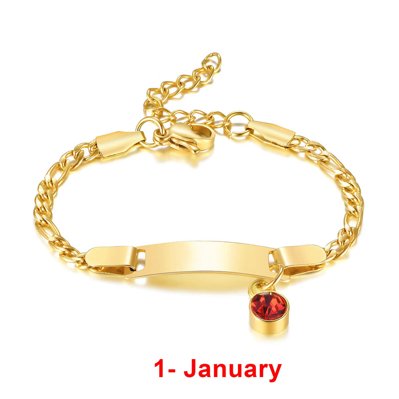 Personalized Newborn Baby Bracelet with Birthstone Charm, Stainless Steel Bangle
