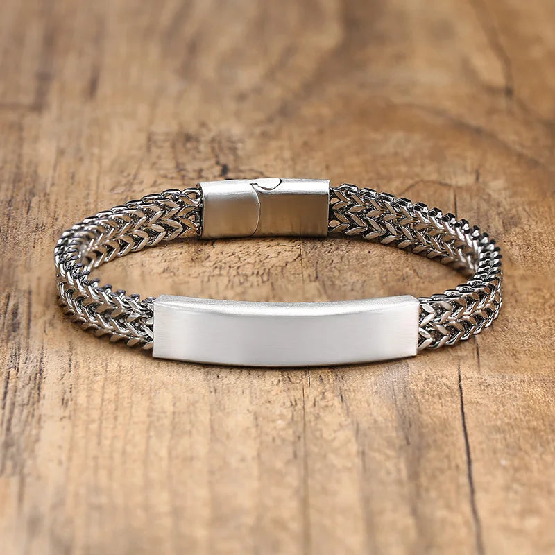 Personalized Men's ID Bracelet, Stainless Steel Foxtail Chain, Dad Husband Gift