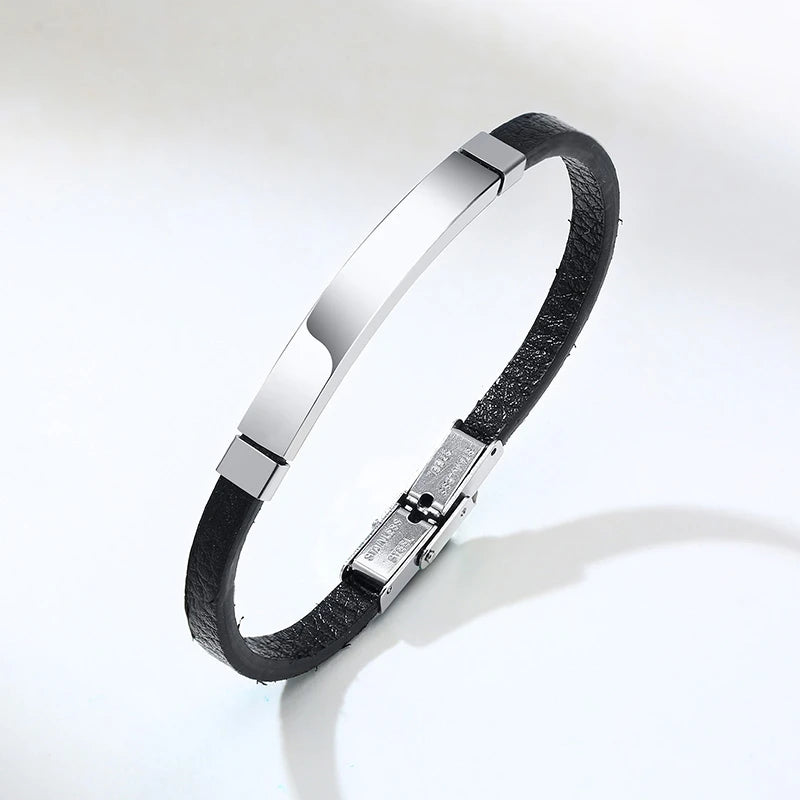 Custom Men's Slim Leather Bangle with Audio Code Name Engraving