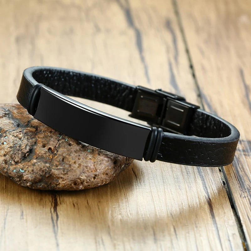 12mm Steel ID Bangle Leather Bracelet, Personalized Gift