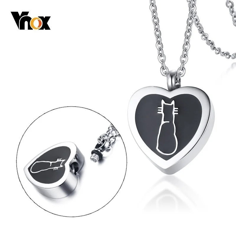 Cat Heart Pendant Necklace Stainless Steel Urn Pet Cremation Ashes Jewelry