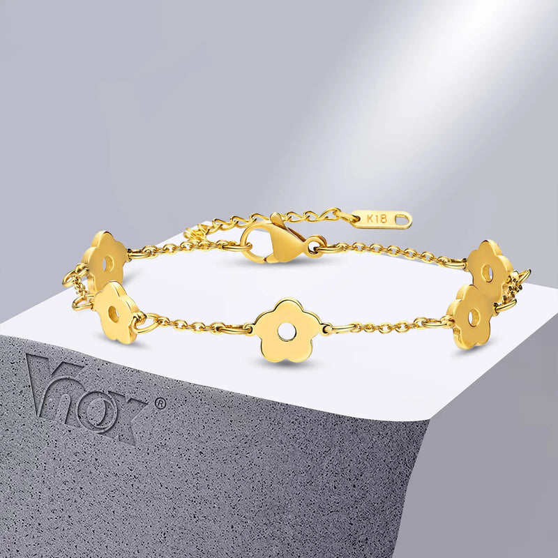 Flower Charms Bracelet for Women Girls, Adjustable Stainless Steel Wristband