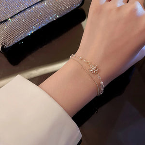 Delicate Flower Charm Bracelet, Stainless Steel Double Chain Wristband