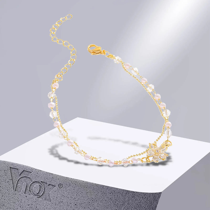 Delicate Flower Charm Bracelet, Stainless Steel Double Chain Wristband